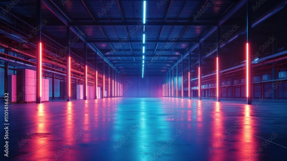 Fototapeta premium Neon-lit spacious warehouse, brightly illuminated for a vivid effect.