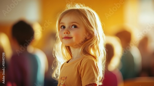 blonde girl standing in the center of the room surrounded by other kids, soft daylight, blurred background of the room, side angle,