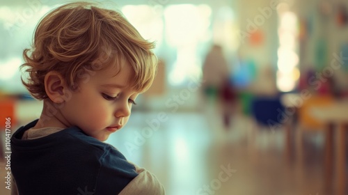 Wallpaper Mural teacher holding a child shoulders, child looking down, soft neutral lighting, bright classroom interior, front angle, Torontodigital.ca