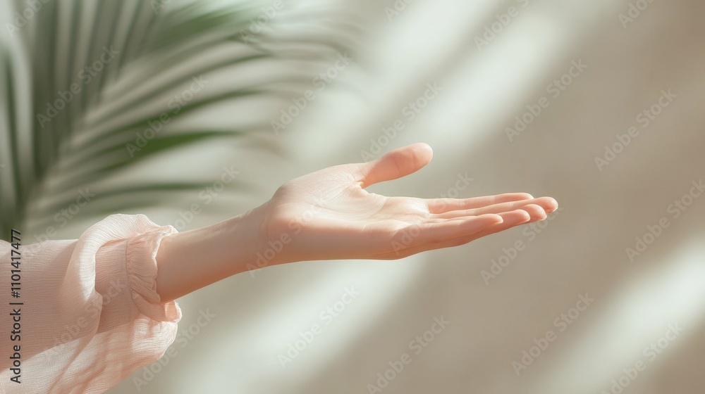 Naklejka premium Close-up of a hand raised in a stopping gesture, with a blurred figure in the background wearing light pink clothing, neutral gray backdrop,