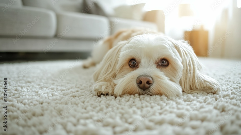 Small dog resting on a soft carpet in a bright living room, minimalistic decor, gentle daylight, calm and cozy ambiance, Small dog resting on a soft carpet in a bright living room, minimalistic decor, gentle daylight, calm and cozy ambiance,