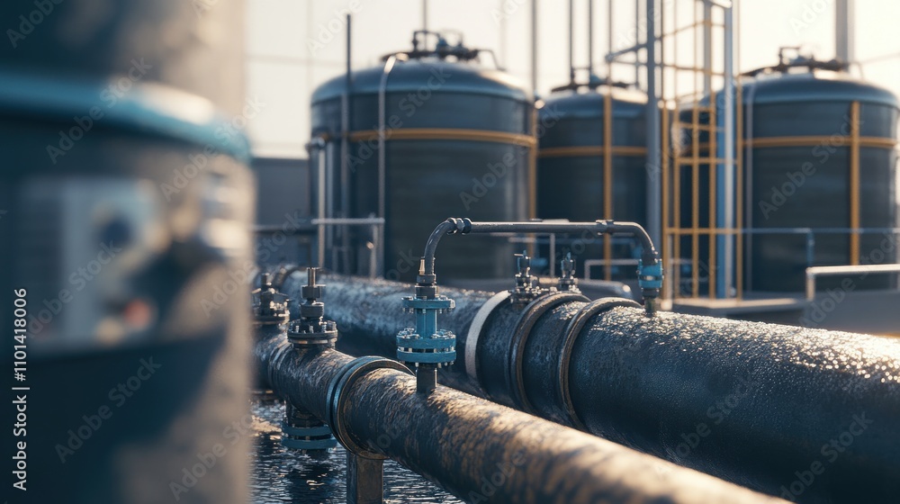 Industrial pipes and tanks in a refinery or processing plant. Sunlight glistens on the wet pipes, conveying a sense of efficiency and industrial processes. Industrial pipes and tanks in a refinery or processing plant. Sunlight glistens on the wet pipes, conveying a sense of efficiency and industrial processes.