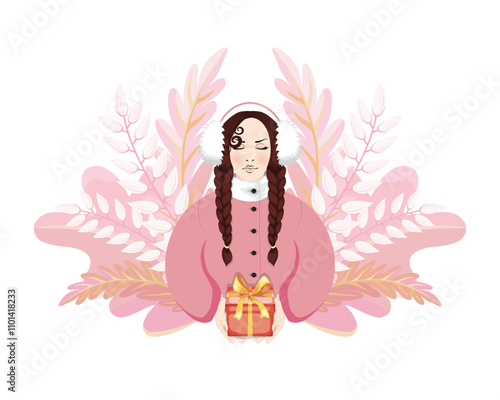 Brunette Woman  in pink coat gives away a present