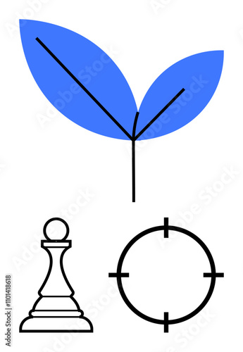 Chess pawn, blue leaves, and circular crosshairs symbolizing strategic planning, growth, and precision. Ideal for business strategy, growth, leadership, focus planning nature and goal setting