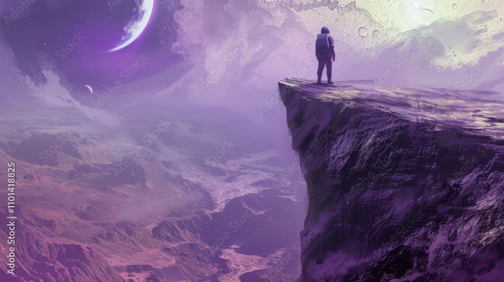 Fototapeta premium A lone astronaut stands on a cliff's edge, overlooking a vast alien landscape bathed in a purple hue. The distant planet and moon create a mysterious, futuristic atmosphere of isolation and