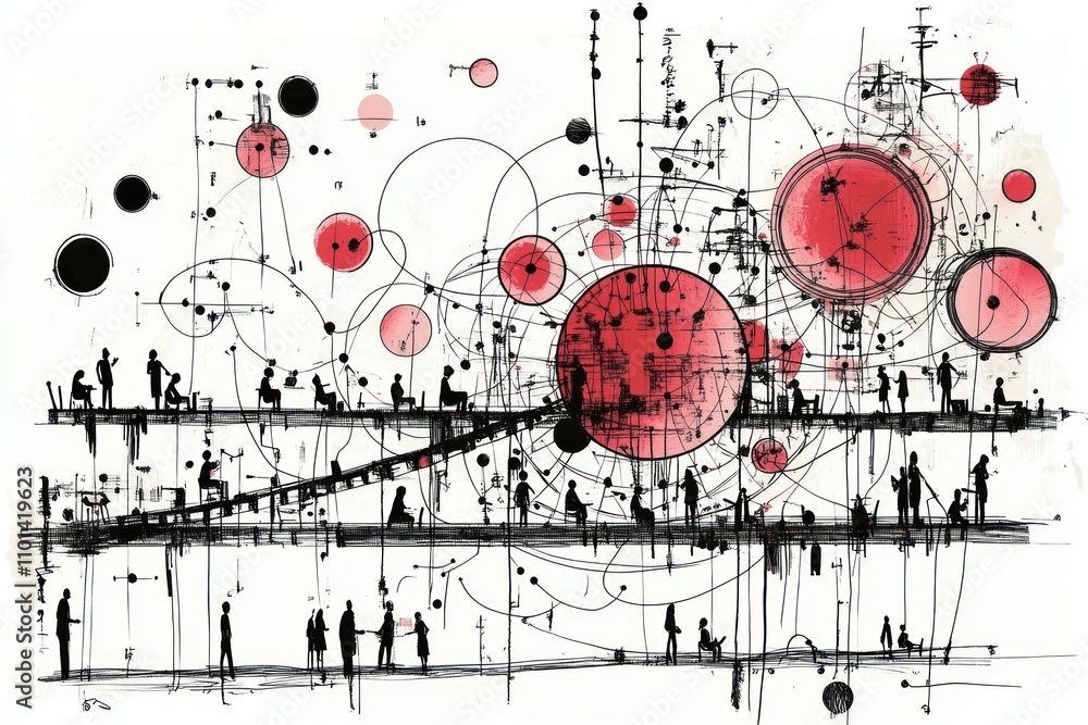 Obraz premium Abstract illustration depicting interconnected figures and geometric shapes in a dynamic composition.