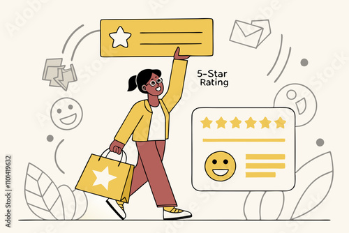 Customer Experience, Best Score Rating, Client Feedback or Consumer Review, 5 Stars Rating, Like or Positive Survey, Customer Satisfaction Concept, Happy Young Adult Customer Holding 5 Stars Rating 
