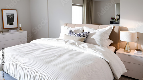 The image displays a serene modern bedroom setting, with a focus on a large bed that takes center stage, featuring crisp, white bedding with subtle grey stripe patterns. The bed is fluffed with multip photo