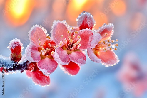 Close-up of a branch of delicate pink cherry blossoms or an apple tree outdoors on a frosty winter day. The flowers are covered with frost. Freshness, tenderness