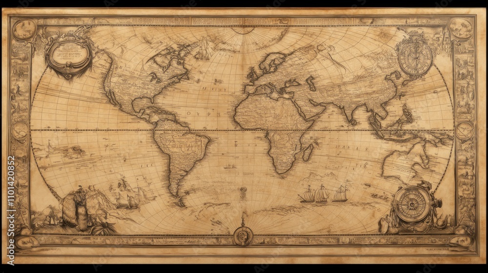 Obraz premium A historic map of the Americas with intricate details, vintage parchment texture, overlay of Columbus's route, antique aesthetics, sepia tones