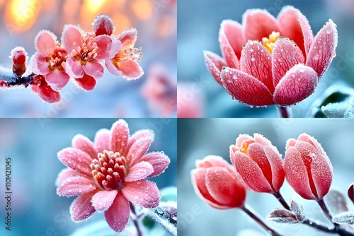 Collage of four close-up images of pink flowers outside on a frosty winter day. The flower is covered with frost. The flower shimmers in the rays of sunlight. Freshness, tenderness