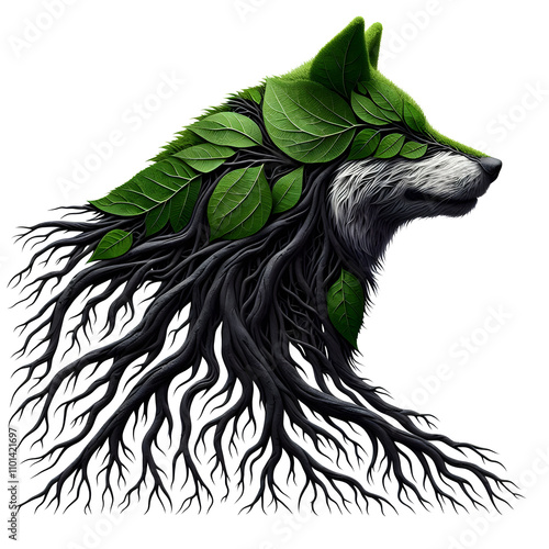 Greenery Wolf Illustration from roots, leaf and branches