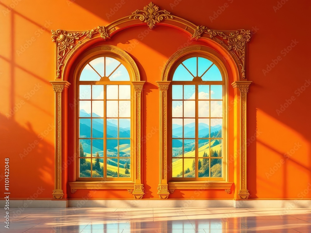 Fototapeta premium Orange wall, two windows, landscape view, AI art.