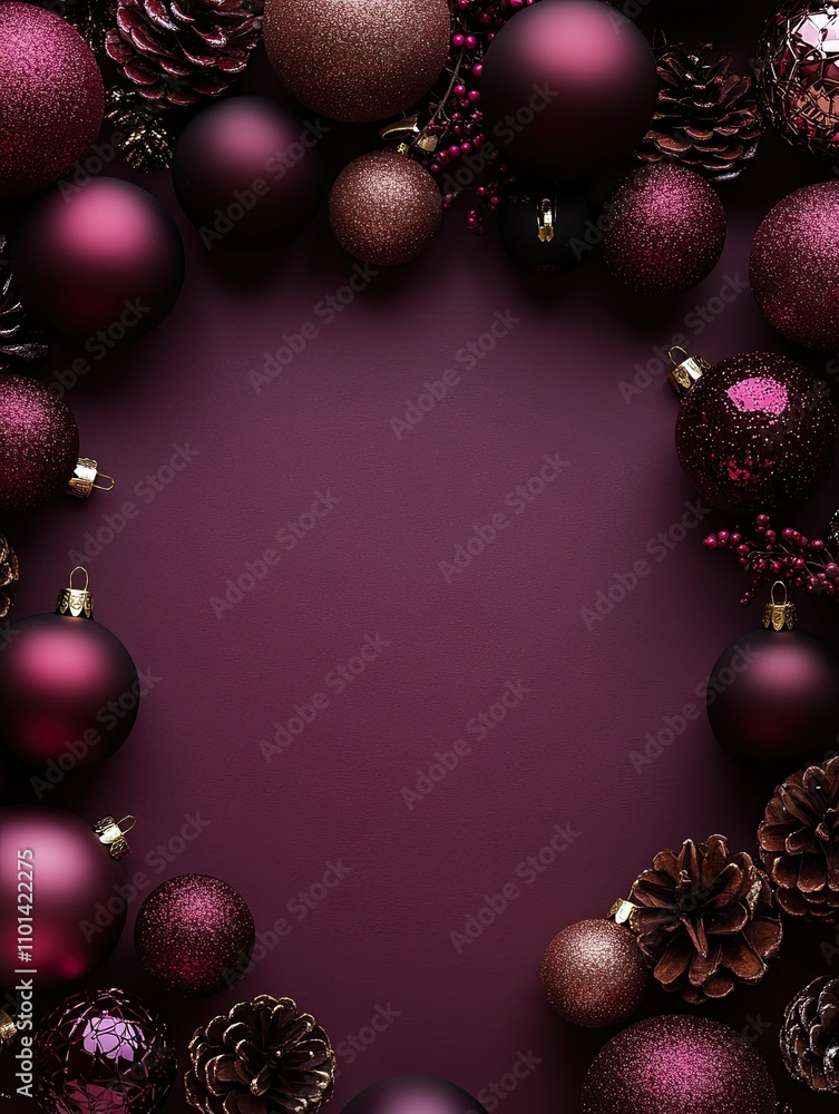 Beautiful burgundy background with Christmas ornaments Top view , empty space on the center Beautiful burgundy background with Christmas ornaments Top view , empty space on the center