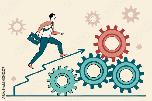 Best Practices Development, Strategy to Success or Improvement, Planning, Progress or Implementation Process, Efficiency or Productivity Concept, Businessman Running Up Stair on Cogwheel Gears System
