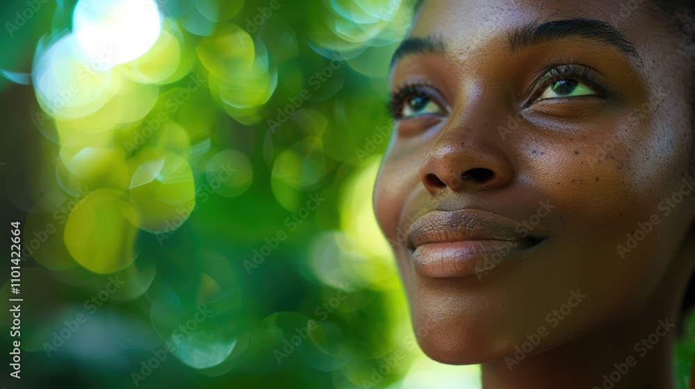 Fototapeta premium Close-up of a joyful woman in nature, enjoying fresh air on a misty morning during a vacation or hike, with a confident smile