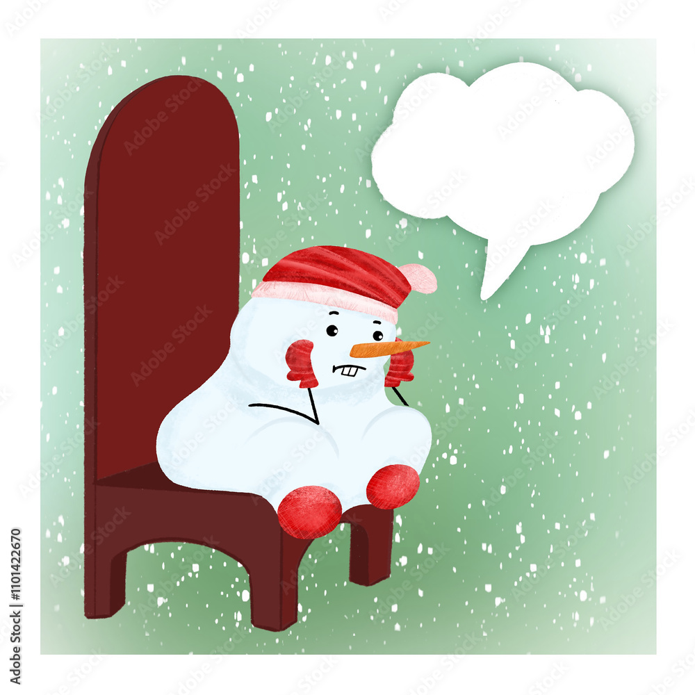 Cute Snowman in a red hat, scarf and mittens sits on a large beard chair waiting for the New Year. Design for a New Year's card on a green background with a cloud for thoughts. Cute Snowman in a red hat, scarf and mittens sits on a large beard chair waiting for the New Year. Design for a New Year's card on a green background with a cloud for thoughts.