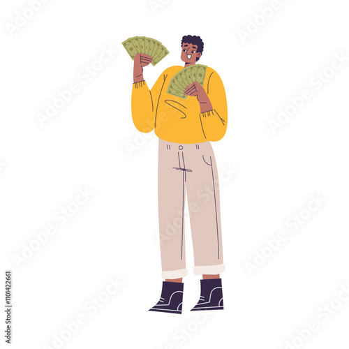 Rich Man Character with Dollar Money Banknote Vector Illustration