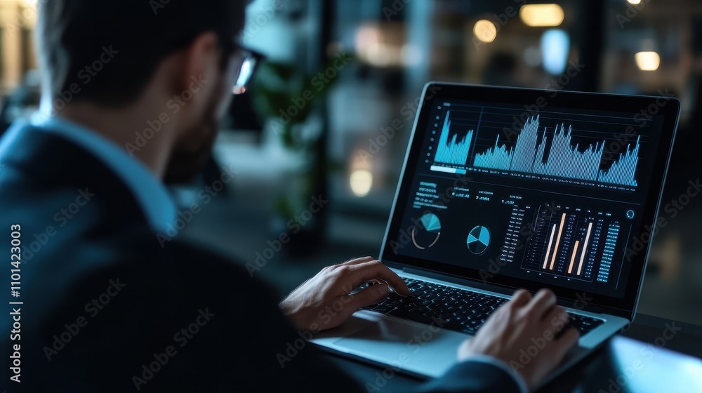 Analyzing Financial Data on Laptop at Night Analyzing Financial Data on Laptop at Night
