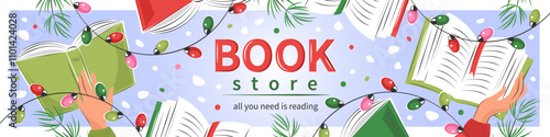 Horizontal banner for bookstore, bookshop or library. Books with winter decor. Vector illustration for poster, cover, banner, marketing, sale.