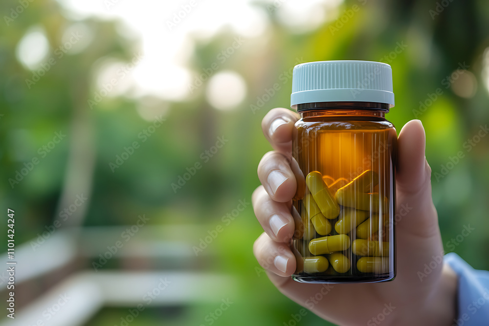 Person holding a bottle of green pills. A close-up image of a hand holding a small amber bottle filled with yellow-green capsules. The background is blurred, showing a natural green landscape. Person holding a bottle of green pills. A close-up image of a hand holding a small amber bottle filled with yellow-green capsules. The background is blurred, showing a natural green landscape.