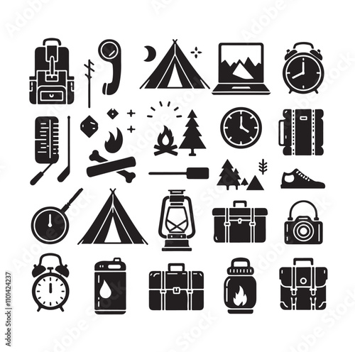 Camping elements set silhouette vector illustration 