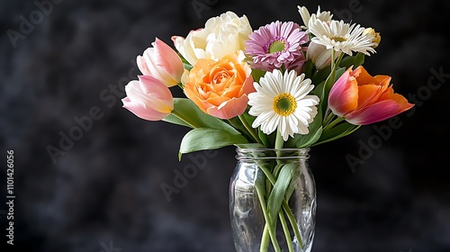 Wallpaper Mural A vibrant arrangement of various colorful flowers such as roses, tulips, and daisies, fills a glass vase against a deep, dark background Torontodigital.ca