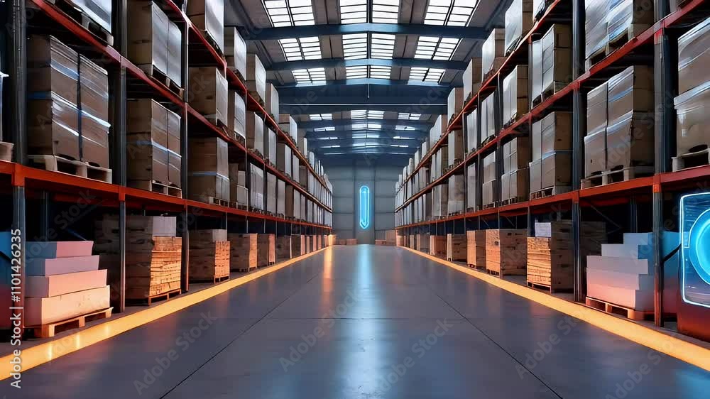 A futuristic warehouse interior with shelves filled with boxes and digital displays. A futuristic warehouse interior with shelves filled with boxes and digital displays.