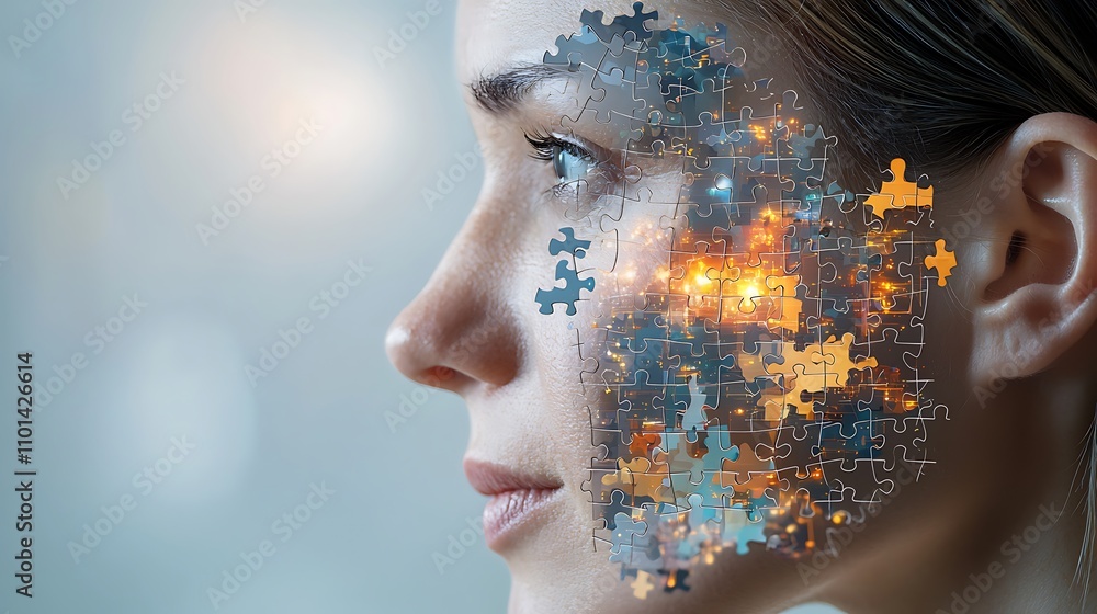 The puzzle pieces of a human head symbolize the complexity and interconnectedness of mental health, showing that each individual piece plays a vital role in the overall well being of a person's mind. The puzzle pieces of a human head symbolize the complexity and interconnectedness of mental health, showing that each individual piece plays a vital role in the overall well being of a person's mind.
