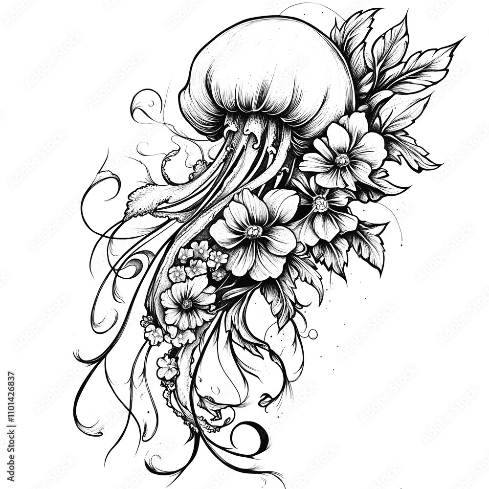 Ink drawing tattoo line art no background of a jellyfish and flowers, tattoo idea, black ink on paper, artistic and creative hand-drawn illustration