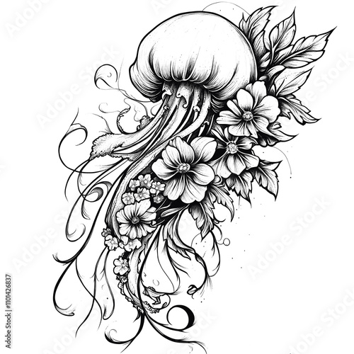 Obraz na płótnie Ink drawing tattoo line art no background of a jellyfish and flowers, tattoo idea, black ink on paper, artistic and creative hand-drawn illustration w salonie