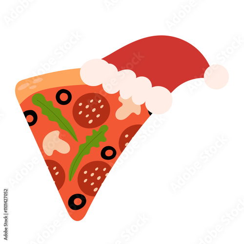 Christmas pizza in Santa Claus hat. Slice of pizza with sausage, olives, mushrooms and fresh herbs.