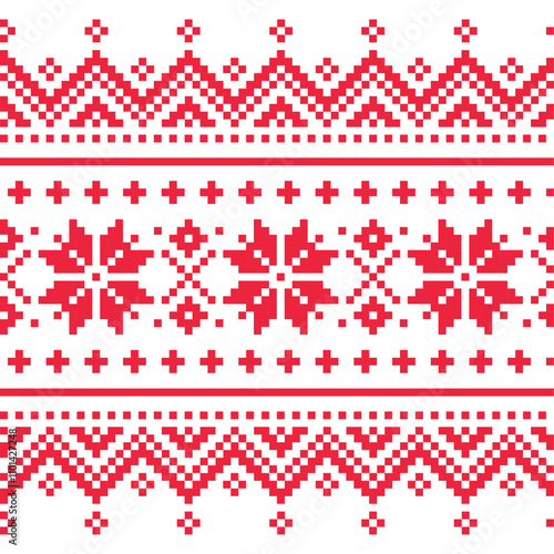 Christmas and winter vector seamless pattern with snowflakes - Lapland red and white folk art design, Sami people traditional embroidery Non Ai generated
