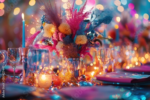 Colorful party decorations, confetti, and sparkling lights for a fun and lively New Yeara??s Eve celebration photo