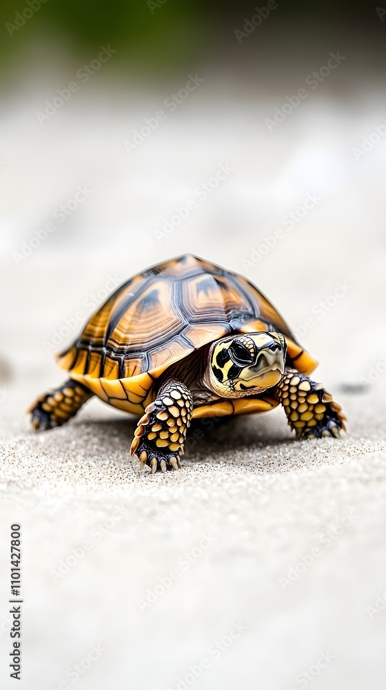 Obraz premium A turtle slowly crawling across a sandy surface, with a light beige background