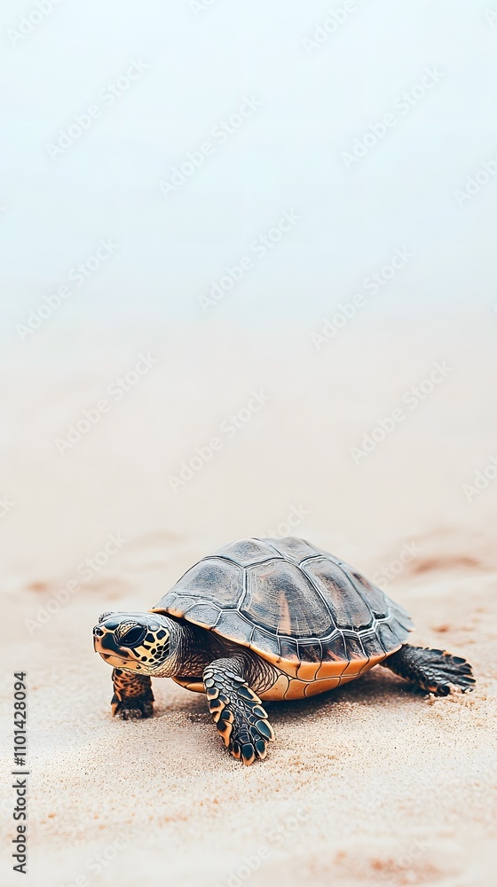 Fototapeta premium A turtle slowly crawling across a sandy surface, with a light beige background