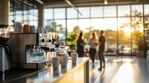 Coffee machine and coffee cup on table at sunset in modern office with business people talking