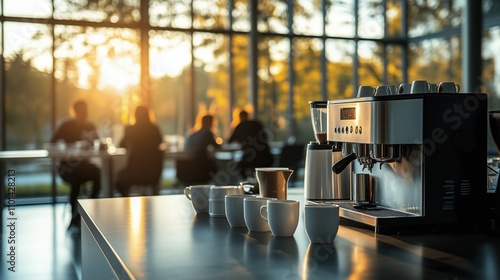 Coffee machine and cups standing on counter in cafe at sunset with blurred people in background