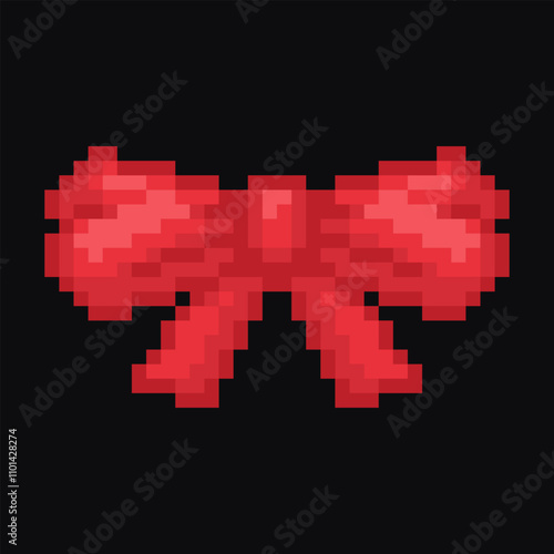 Red bow tie in pixel art style. Vector illustration isolated on black background.
