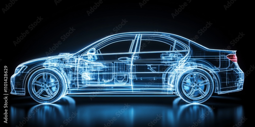 X-ray Technology Reveals Car Structure and Frame in Transparent Image of Automotive Engineering, Vehicle Frame with X-ray. X-ray Technology Reveals Car Structure and Frame in Transparent Image of Automotive Engineering, Vehicle Frame with X-ray.