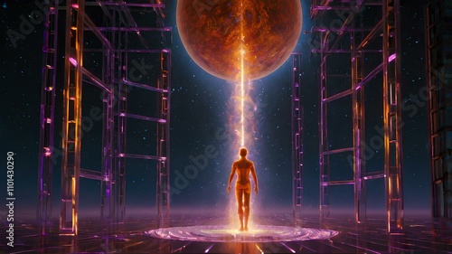 Cosmic Energy Transmission: A Surreal Connection Between Human and Planet in a Sci-Fi Universe