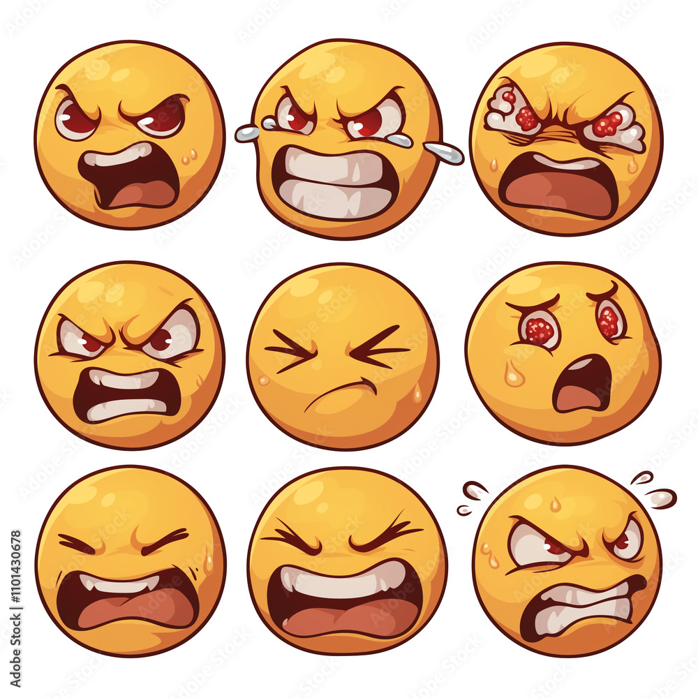 Various disappointed and angry emojis with expressive faces on white ...