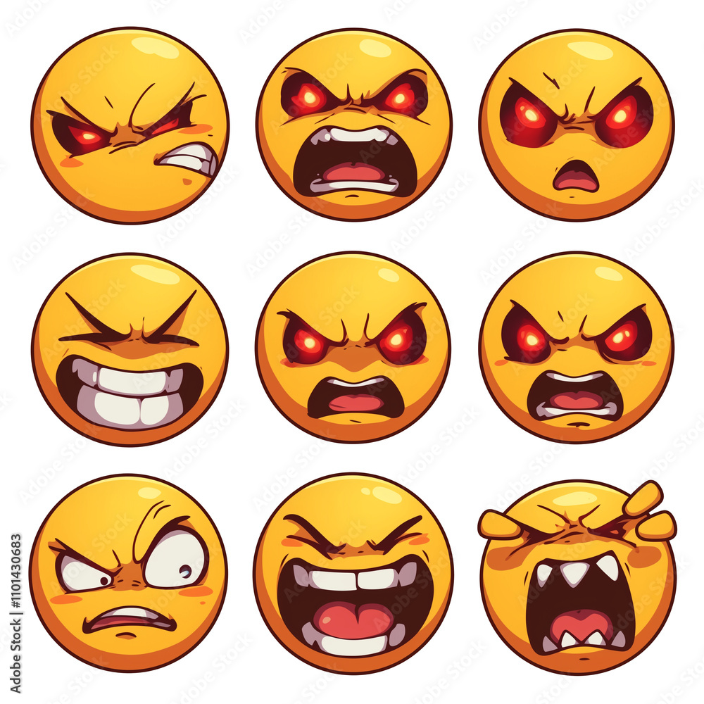 Various angry face emojis with intense expressions on white background. These emotive icons display range of emotions from frustration to rage, each with unique features and vibrantPNG transparent Various angry face emojis with intense expressions on white background. These emotive icons display range of emotions from frustration to rage, each with unique features and vibrantPNG transparent