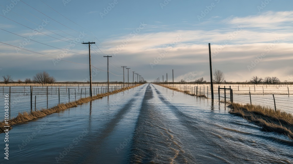 Obraz premium A long country road stretching into the horizon, covered in floodwater, telephone poles and fences submerged