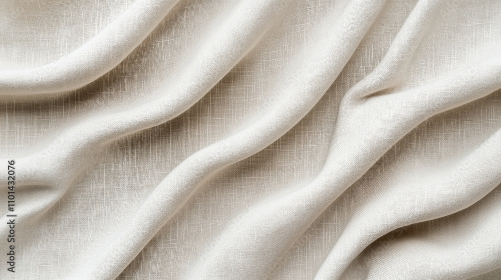 Detailed close-up of white textured fabric with flowing folds creating a wavy pattern Detailed close-up of white textured fabric with flowing folds creating a wavy pattern