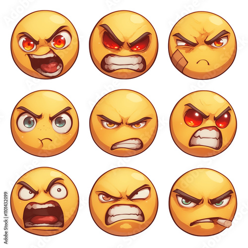 Various angry face emojis with intense expressions on white background. PNG transparent