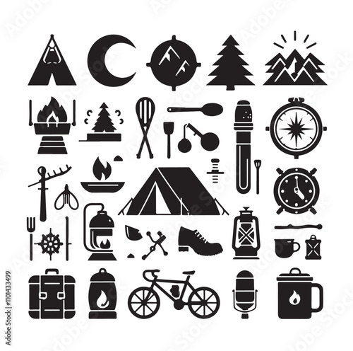 Camping elements set silhouette vector illustration 