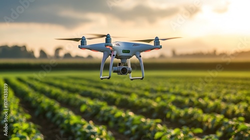 Drone flying over farm fields at sunset, technology in agricultu photo