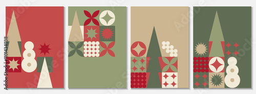 Set of Christmas covers in trendy Scandinavian style. Geometric figures - Christmas trees, snowmen for the New Year holiday.