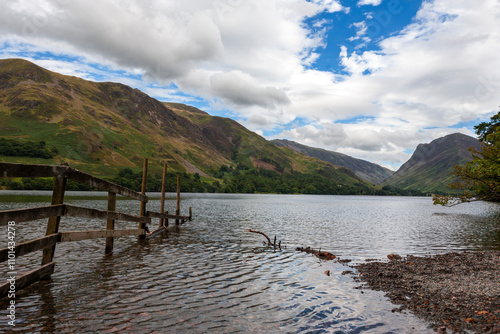 Buttermere, looking east towards Honister Pass, with Buttermere Fells on the left and Fleetwith Pike to the right, Lake District, Cumbria